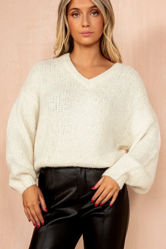 Emmie Cream Hairy Knit V Neck Jumper sold by Va Va Voom