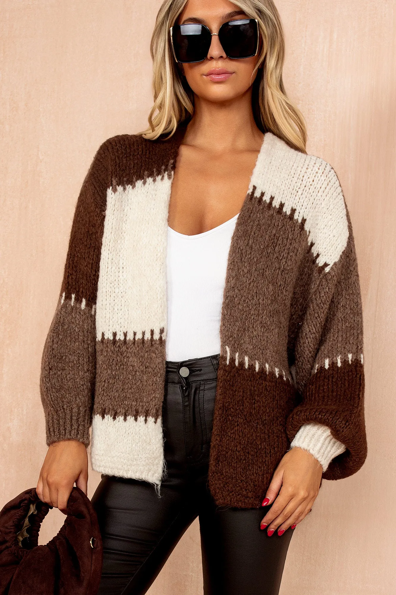 Kirsty Chocolate Colour Block Knit Cardigan sold by Vavavoom