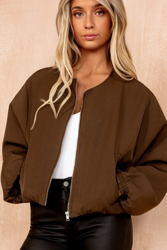 Julie Chocolate Bubble Hem Bomber Jacket sold by Va Va Voom