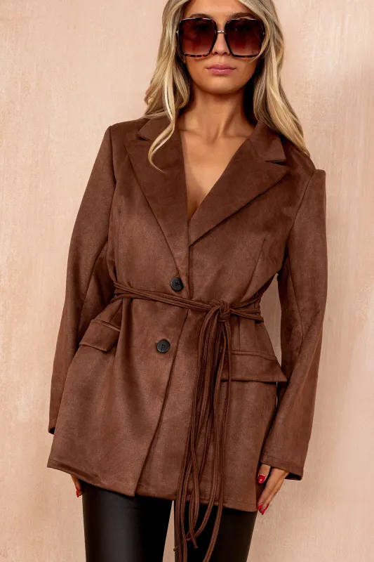 Frida Chocolate Faux Suede Blazer sold by Va Va Voom