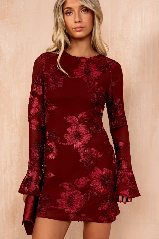Helen Wine Floral Devore Mini Dress sold by Va Va Voom