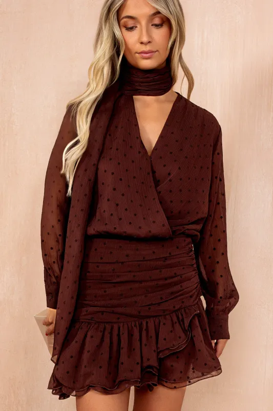 Petrina Chocolate Scarf Detail Spot Frill Dress sold by Va Va Voom