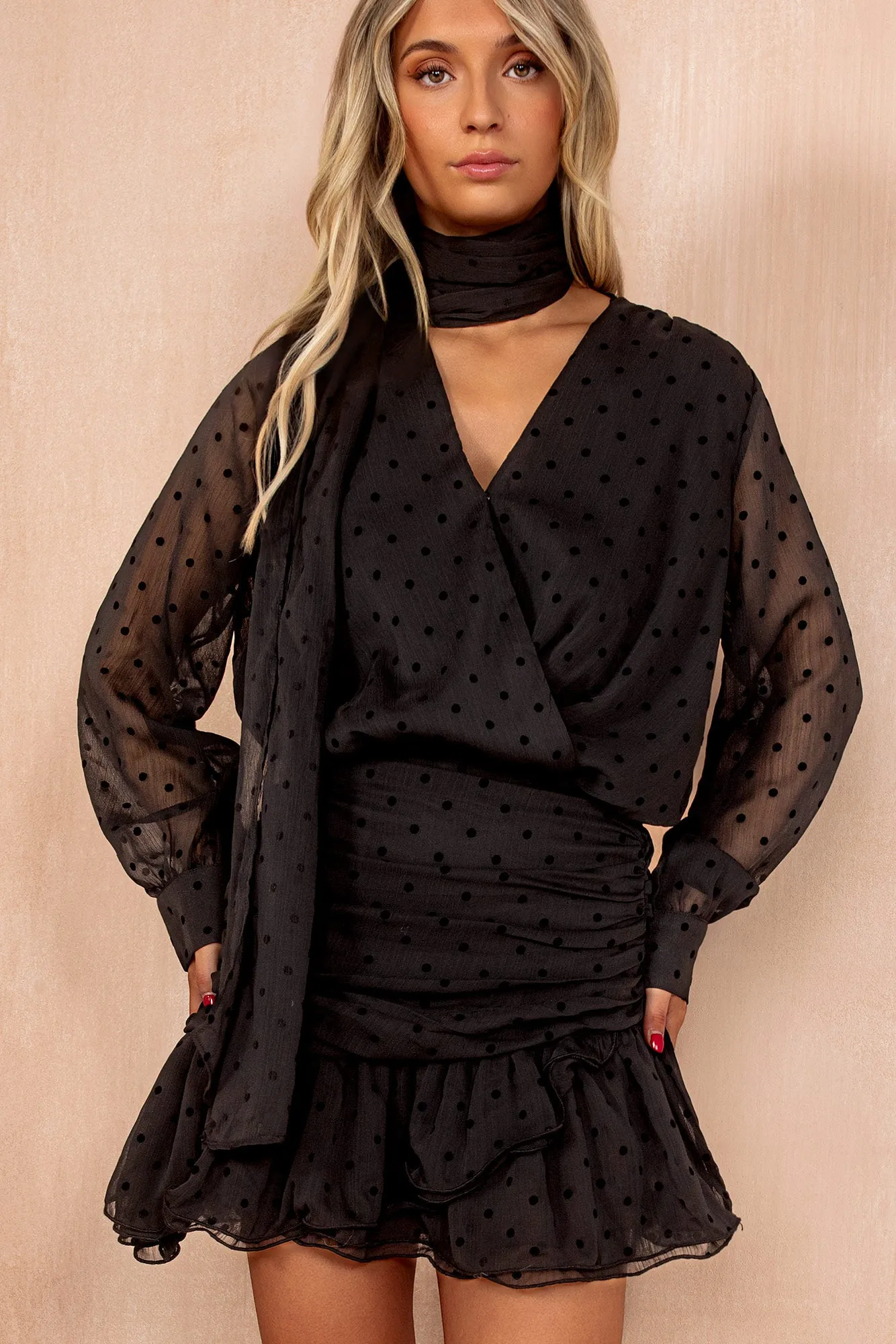 Petrina Black Scarf Detail Spot Frill Dress sold by Vavavoom