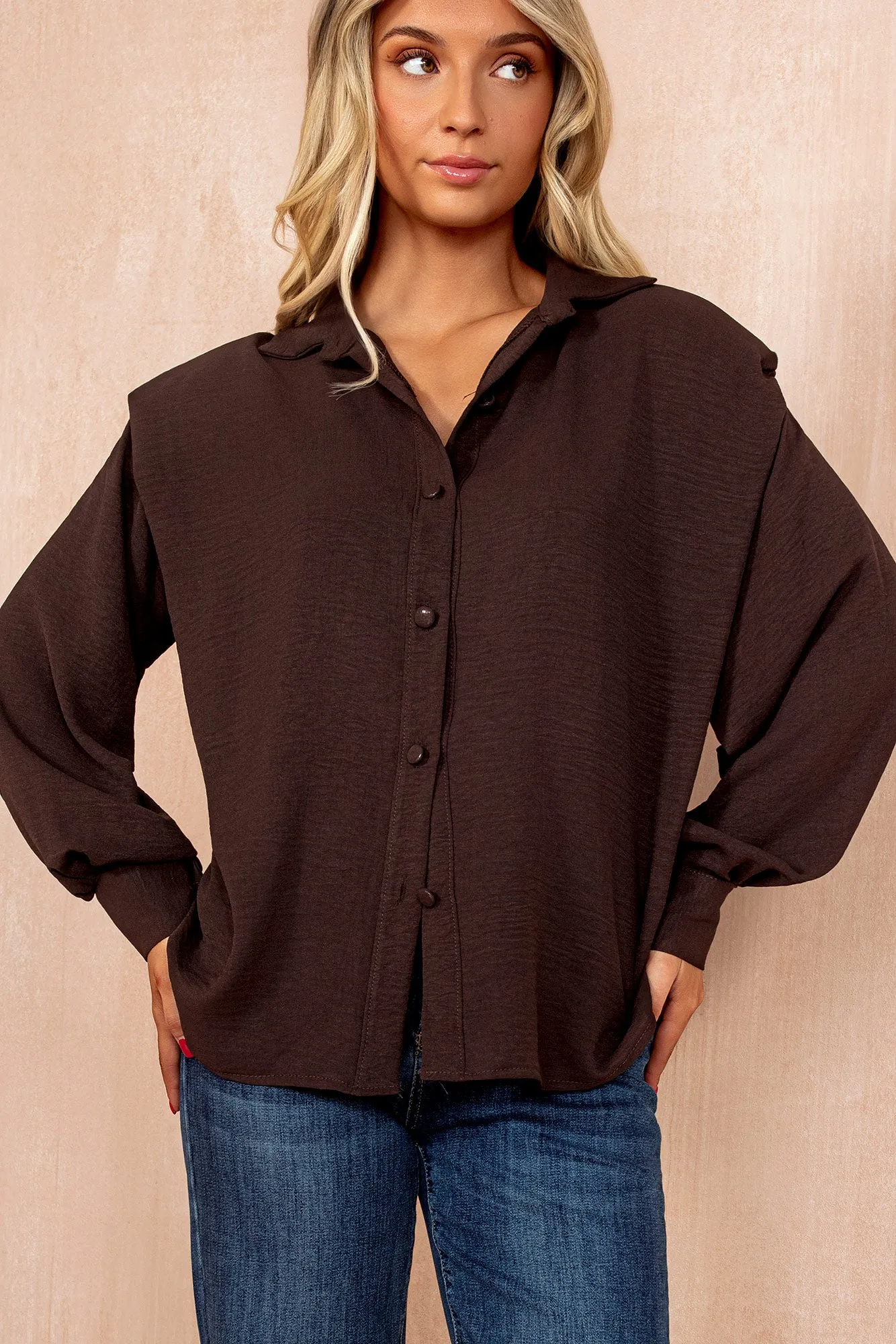 Glenda Chocolate Shoulder Pad Oversized Shirt sold by Vavavoom