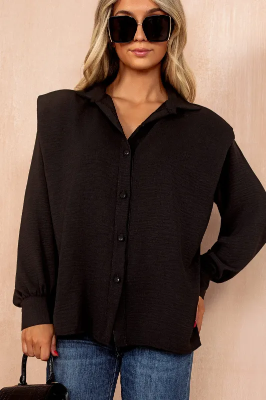 Glenda Black Shoulder Pad Oversized Shirt sold by Va Va Voom