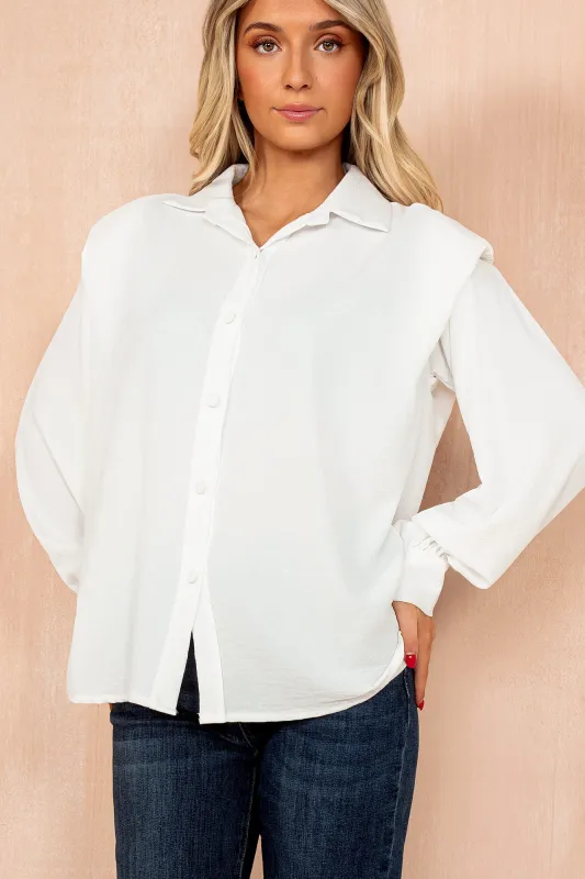 Glenda White Shoulder Pad Oversized Shirt sold by Vavavoom
