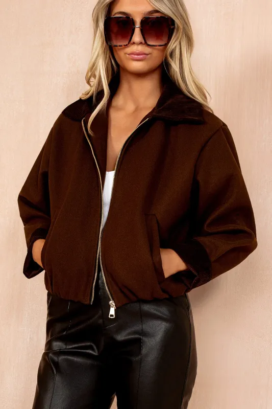 Nikki Chocolate Wool Bomber Jacket sold by Va Va Voom