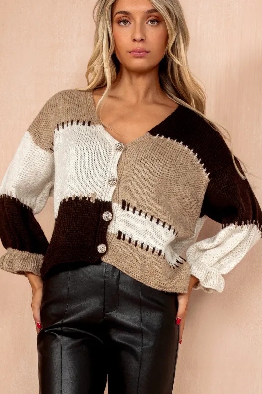 Lori Chocolate V Neck Knit Cardigan sold by Va Va Voom