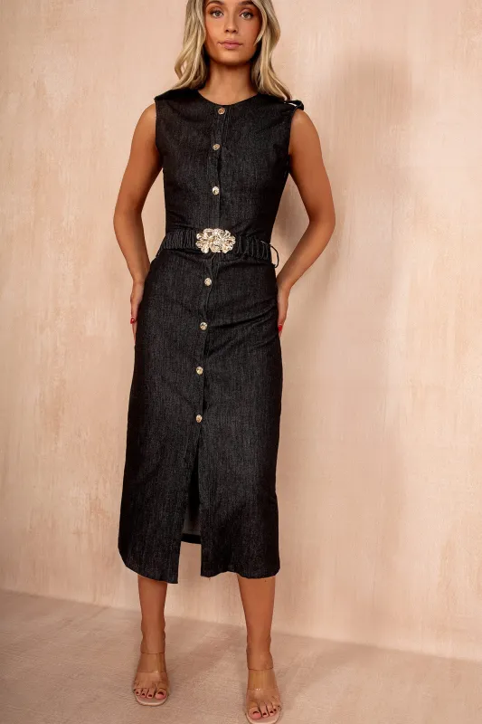 Nisha Black Chambray Belted Midi Dress sold by Va Va Voom
