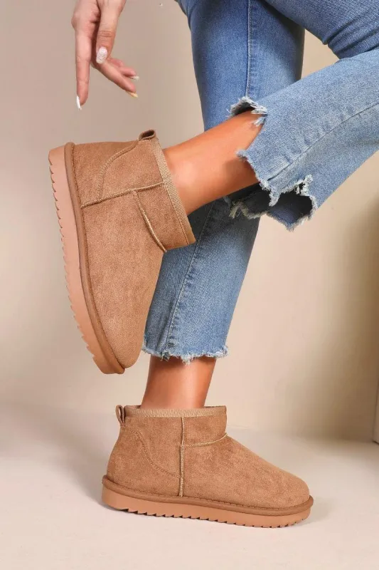 Addison Camel Suedette Mules sold by Va Va Voom