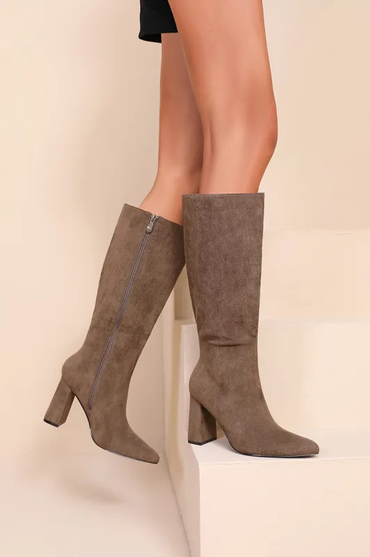 Aurora Khaki Suedette Knee High Boots sold by Va Va Voom
