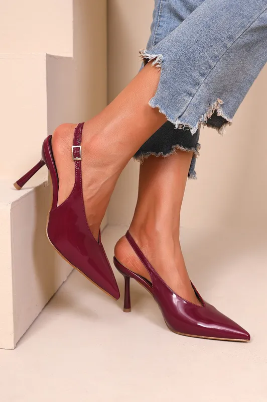 Fabia Burgundy Patent Slingback Heels sold by Va Va Voom