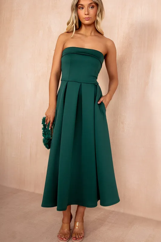 Danni Emerald Green Bandeau Pleated Midi Dress sold by Va Va Voom