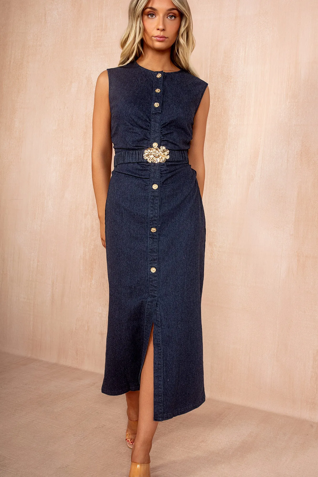 Abbie Dark Blue Denim Ruched Belted Midi Dress sold by Vavavoom product image thumbnail 2