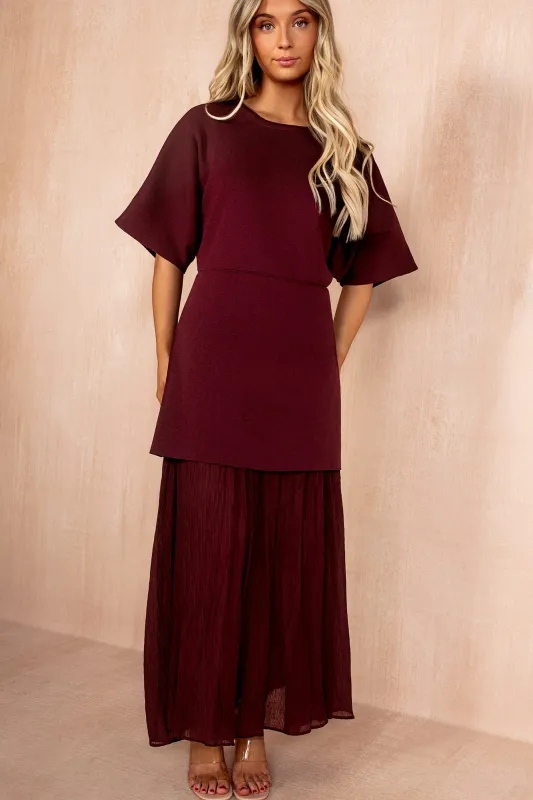 Lesley Burgundy Knit Contrast 2 in 1 Maxi Dress sold by Va Va Voom