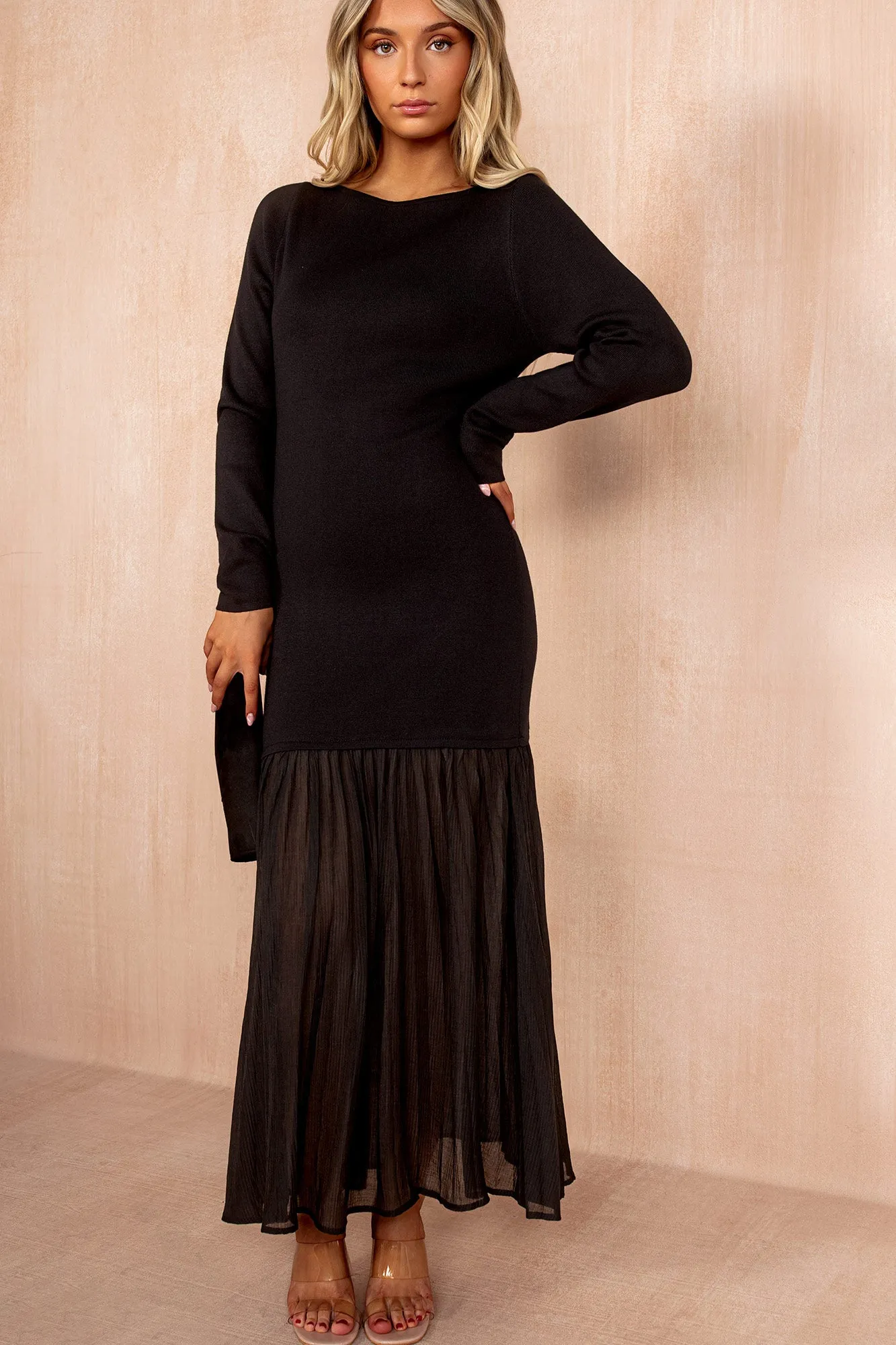 Irina Black Knit Chiffon Hem Maxi Dress sold by Va Va Voom