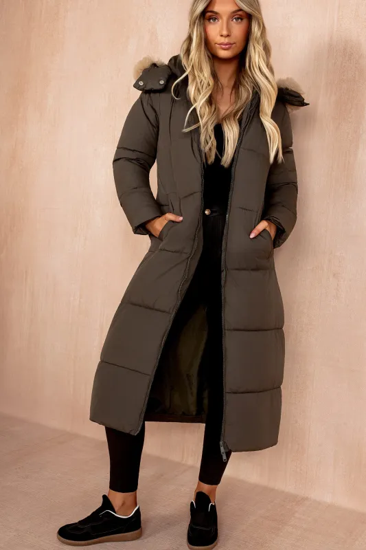 Esther Khaki Padded Longline Coat sold by Va Va Voom