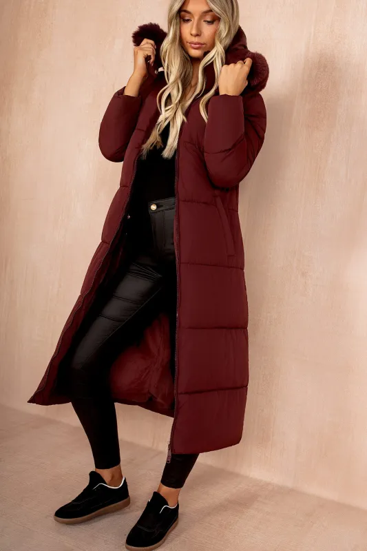 Esther Burgundy Padded Longline Coat sold by Va Va Voom