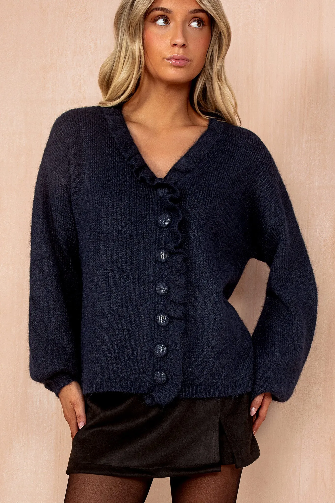 Mahira Navy Knit Frill Cardigan sold by Vavavoom
