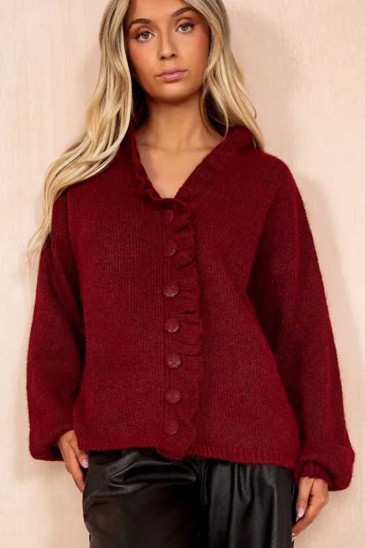 Mahira Wine Knit Frill Cardigan sold by Va Va Voom