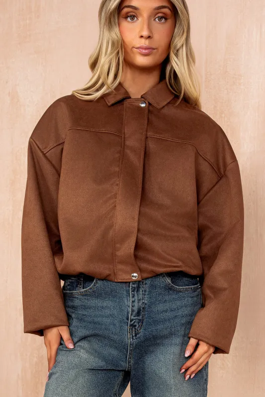 Beckett Tan Faux Suede Bomber Jacket sold by Va Va Voom