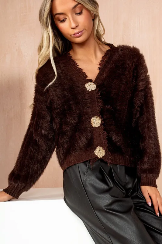 Hartley Chocolate Fluffy Cardigan sold by Va Va Voom