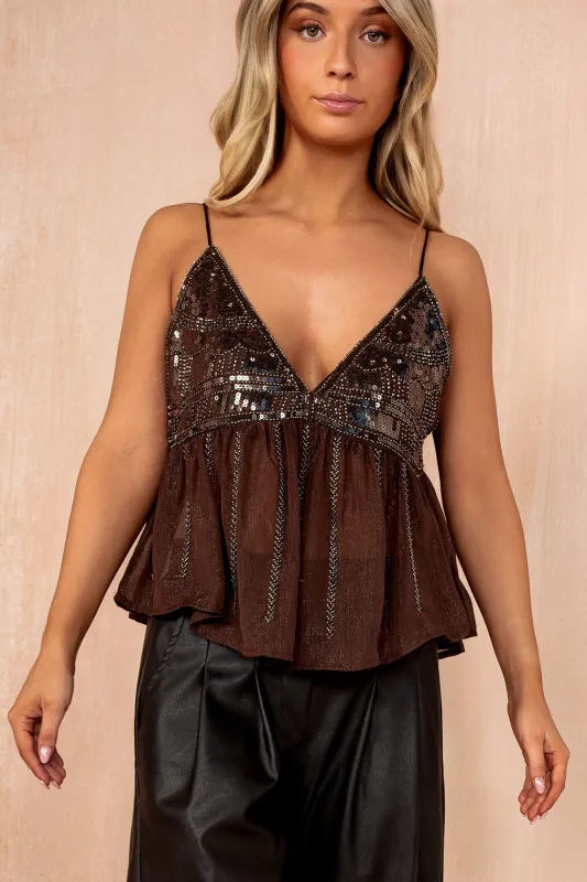 Nevada Chocolate Chiffon Sequin Cami Top sold by Va Va Voom