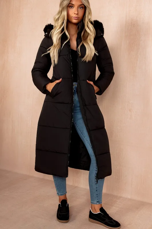 Esther Black Padded Longline Coat sold by Va Va Voom