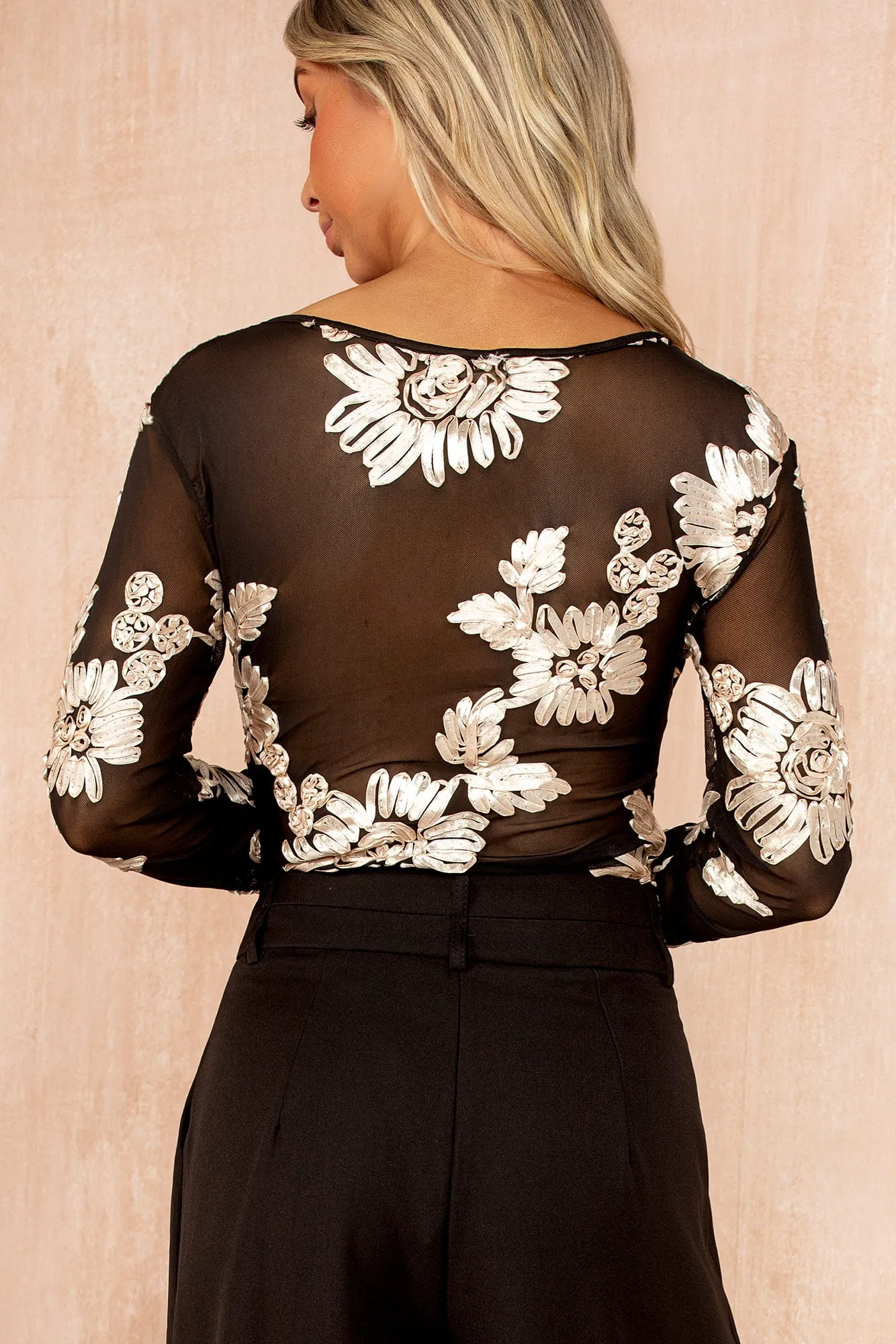 Parker Gold and Black Mesh Floral Devore Bodysuit sold by Vavavoom product image thumbnail 2