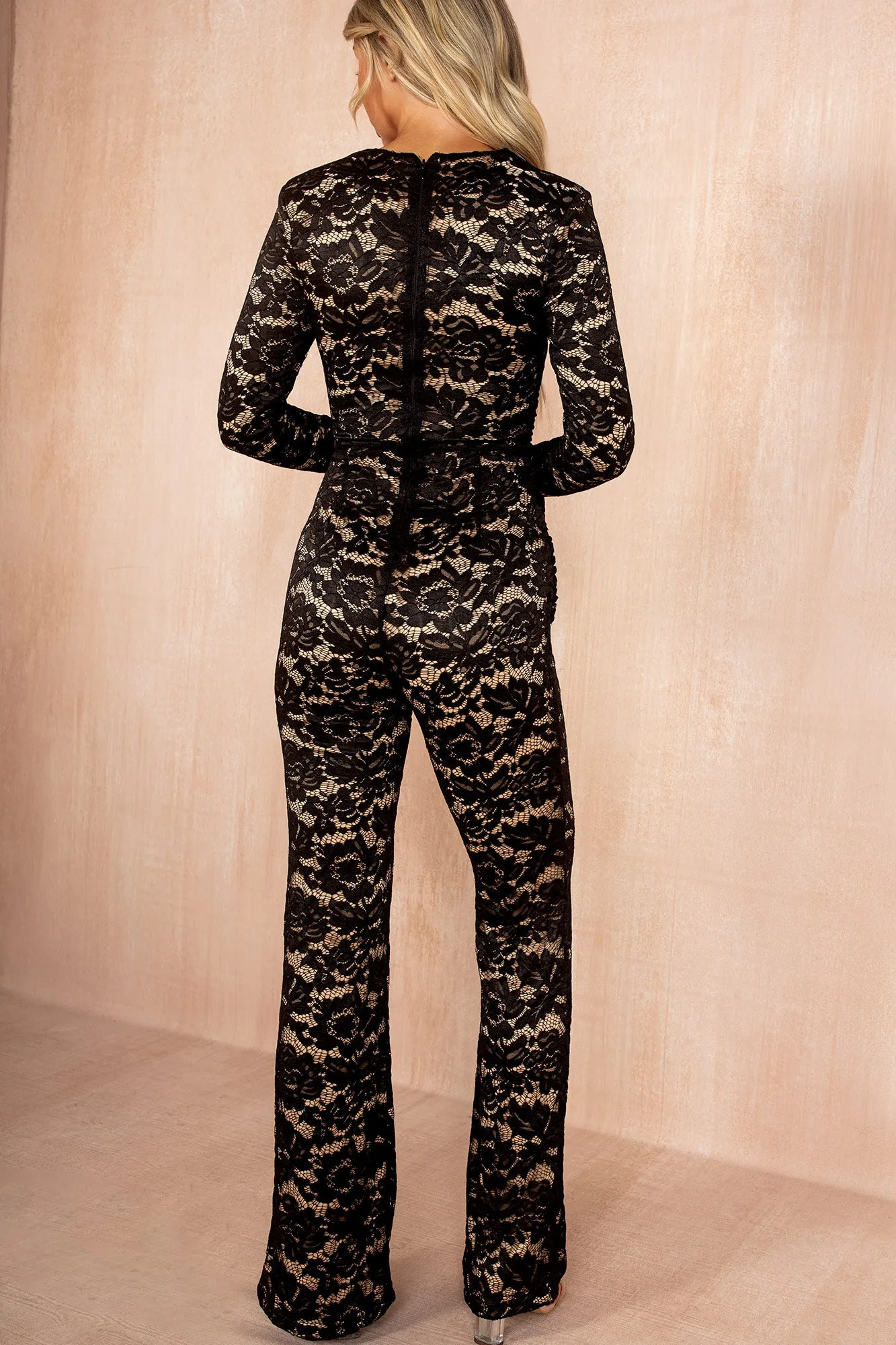 Lavina Black Lace Contrast Draped Waist Jumpsuit sold by Va Va Voom product image thumbnail 2