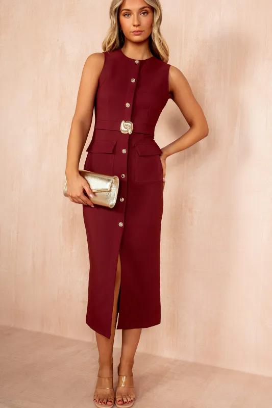 Emery Burgundy Button Detail Midi Dress sold by Vavavoom