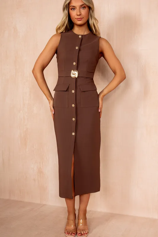 Emery Coffee Button Detail Midi Dress sold by Vavavoom