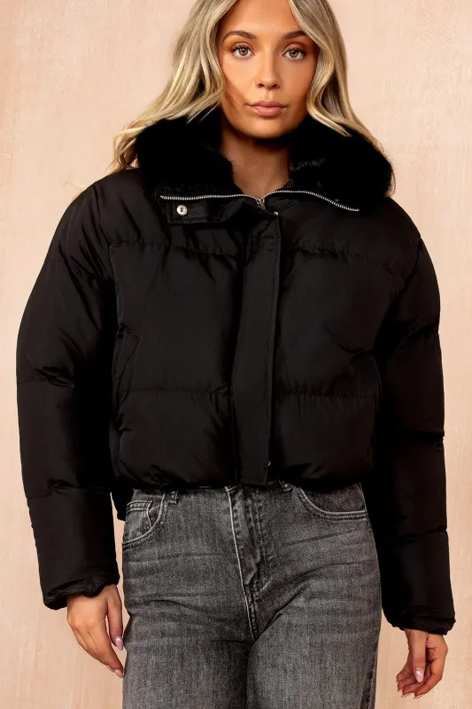 Cassie Black Faux Fur Hooded Puffer Jacket sold by Vavavoom