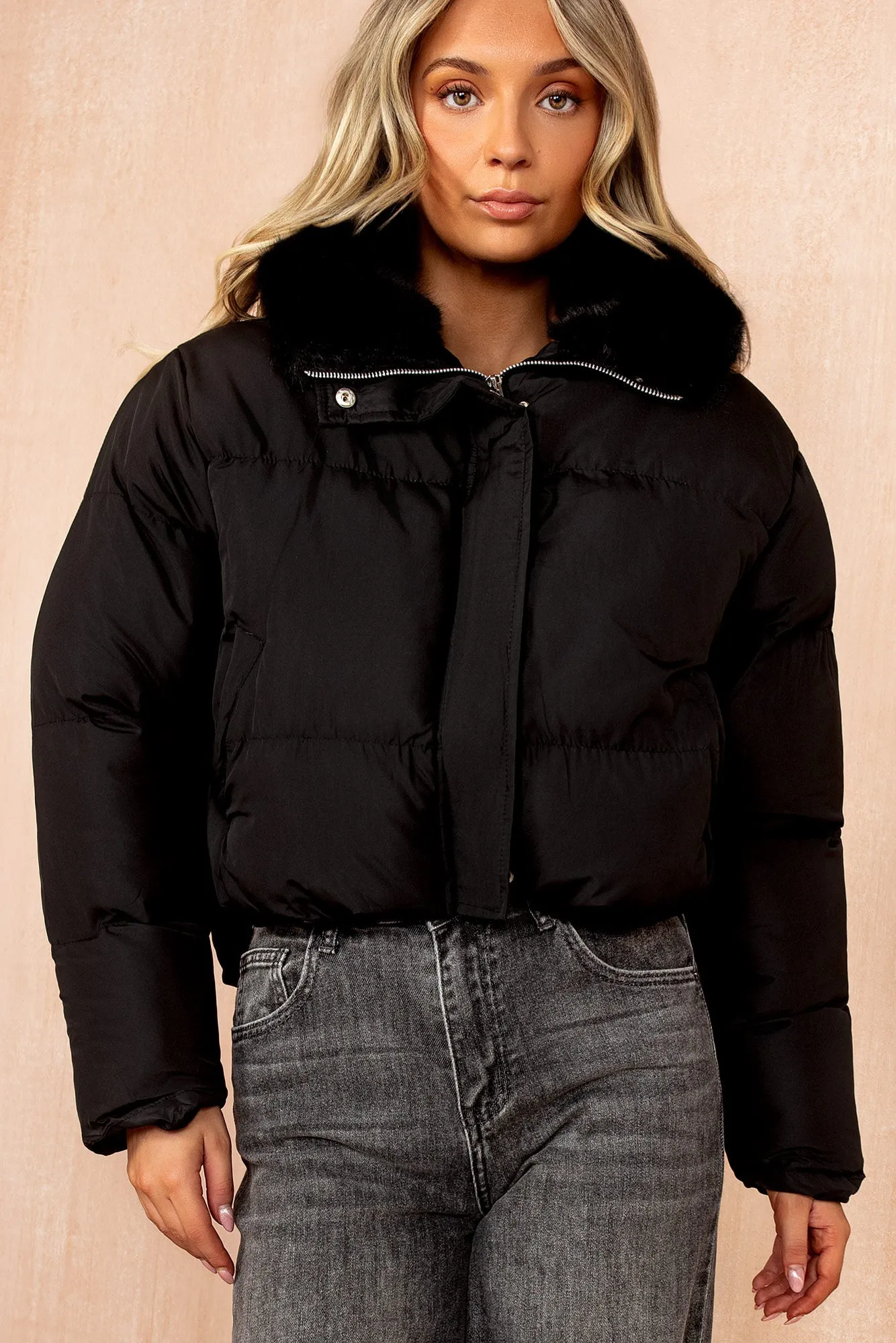 Cassie Black Faux Fur Hooded Puffer Jacket sold by Vavavoom