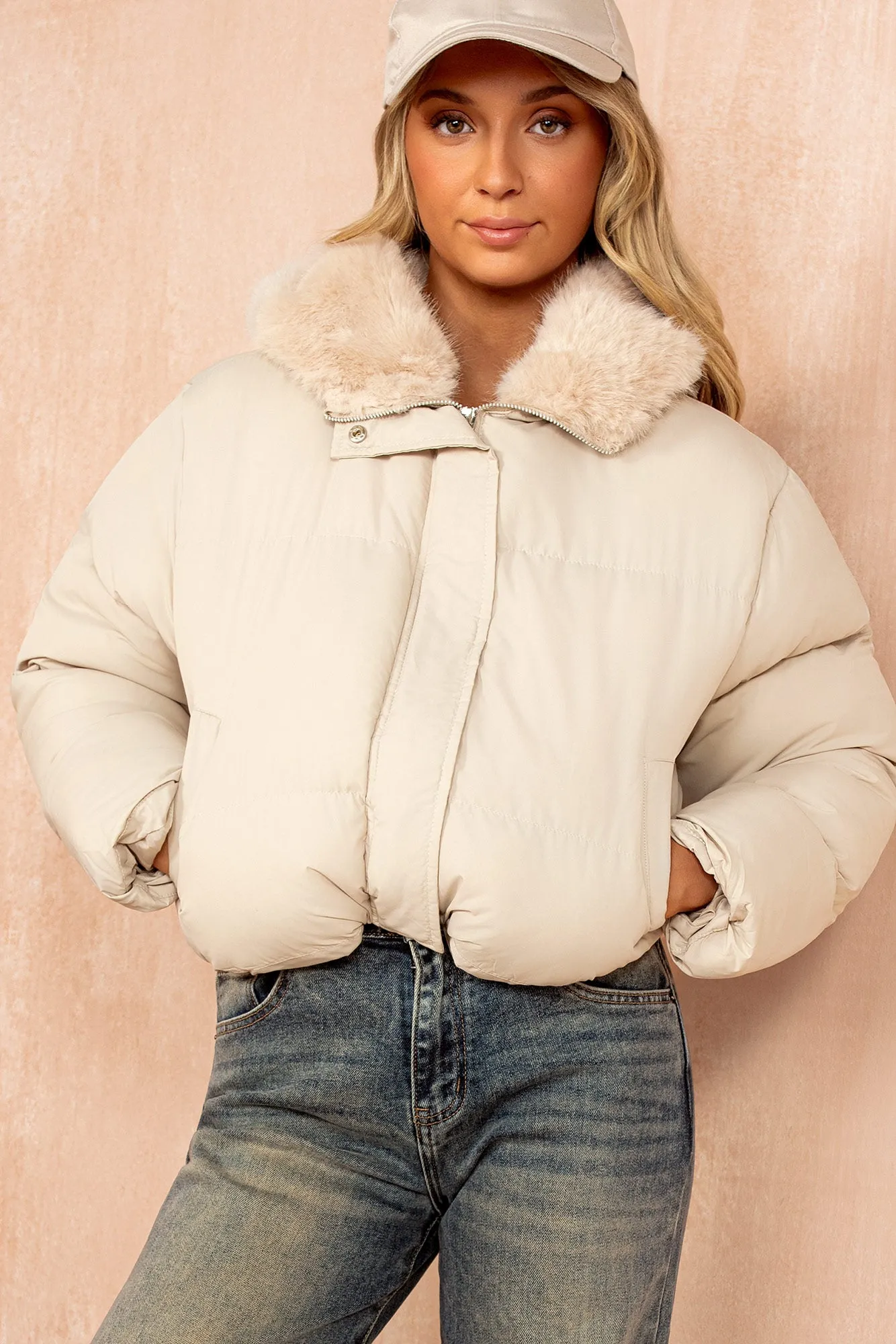Cassie Cream Faux Fur Hooded Puffer Jacket sold by Vavavoom
