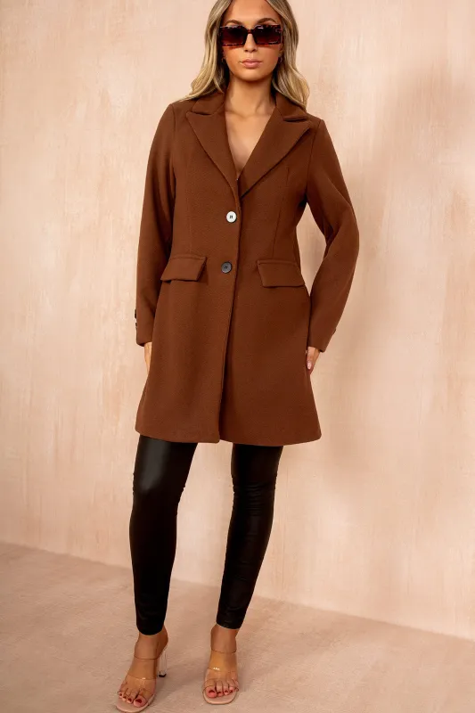 Sofia Chocolate Longline Coat sold by Va Va Voom