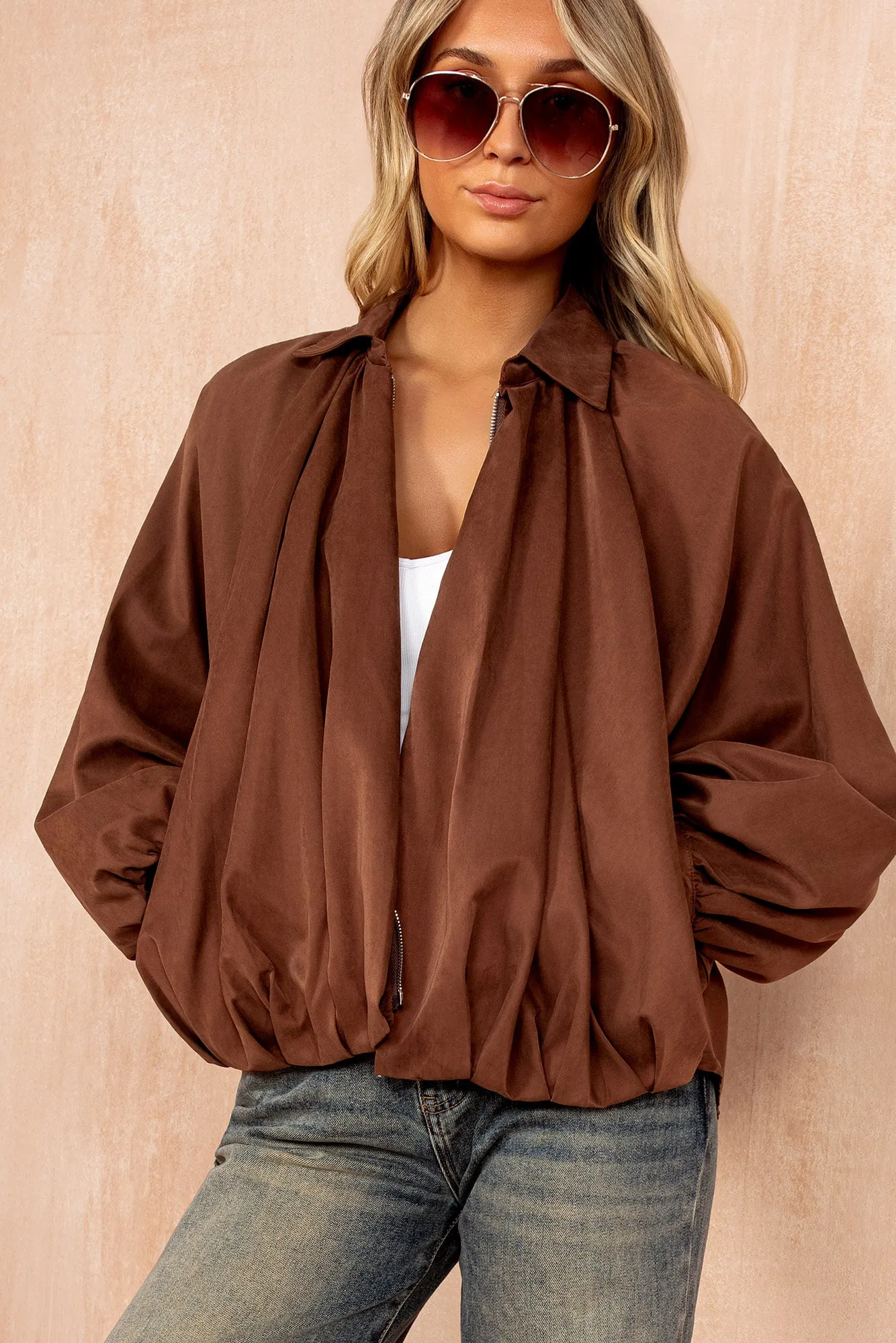 Alexa Chocolate Oversized Bomber Jacket sold by Va Va Voom