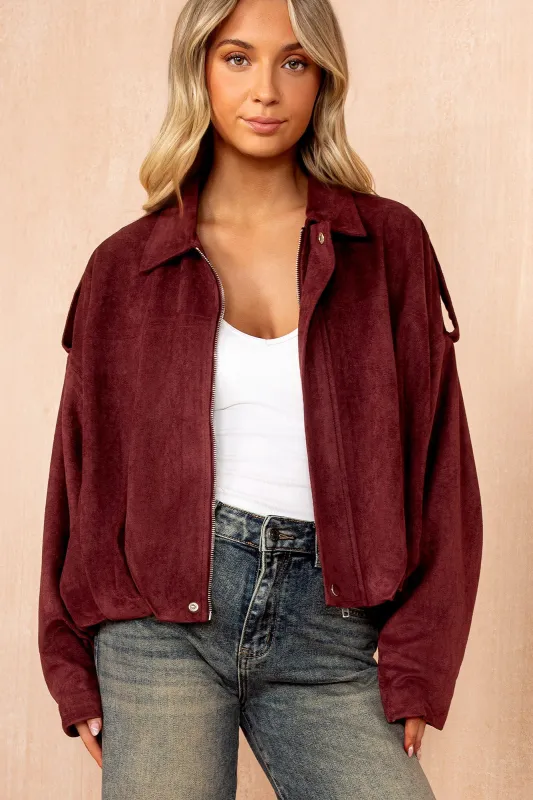 Elma Burgundy Faux Suede Bomber Jacket sold by Va Va Voom