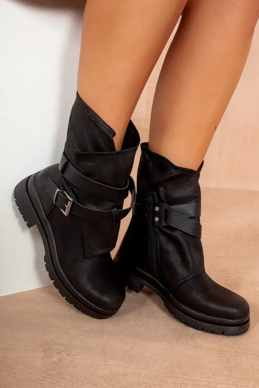 Loretta Black Leather Look Chunky Ankle Boots sold by Va Va Voom