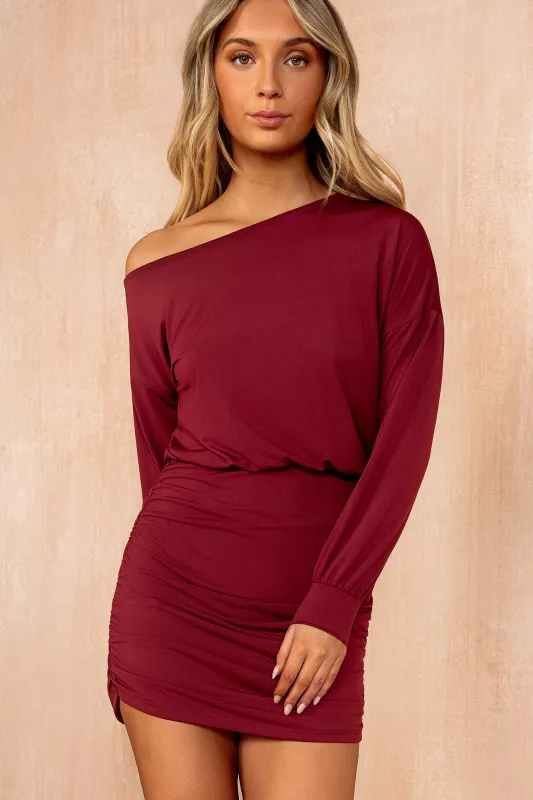 Cleo Burgundy Slinky Ruched Dress sold by Va Va Voom
