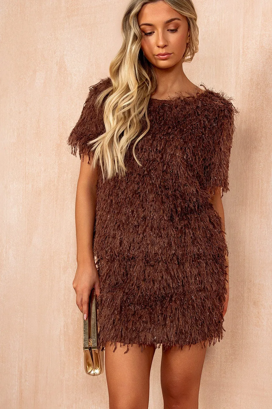 Jade Chocolate Faux Feather Sparkle Top sold by Vavavoom