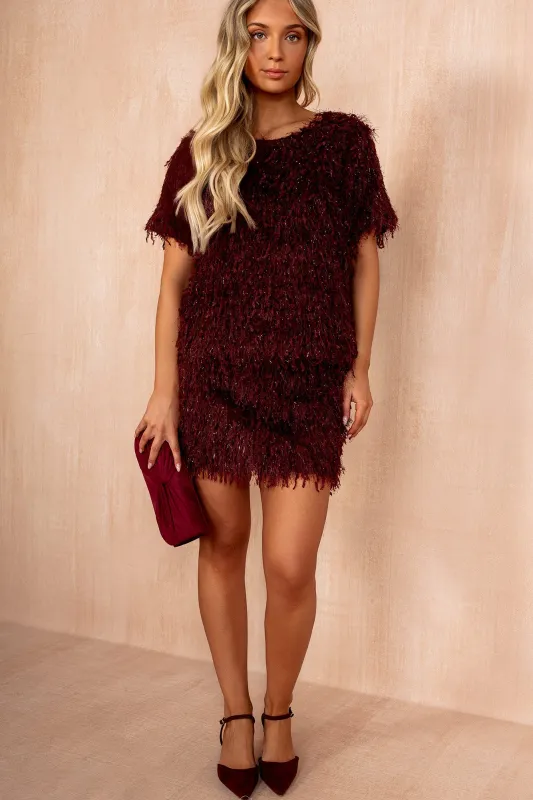 Elsa Burgundy Faux Feather Sparkle Skirt sold by Vavavoom