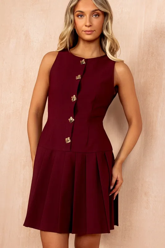 Penelope Burgundy Tailored Pleated Dress sold by Va Va Voom