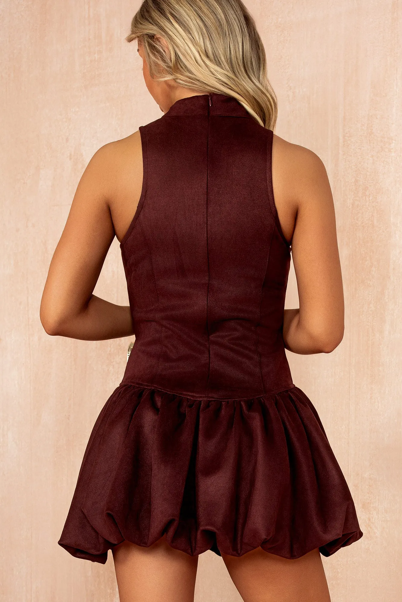 Riona Burgundy Faux Suede Puffball Dress sold by Vavavoom product image thumbnail 3