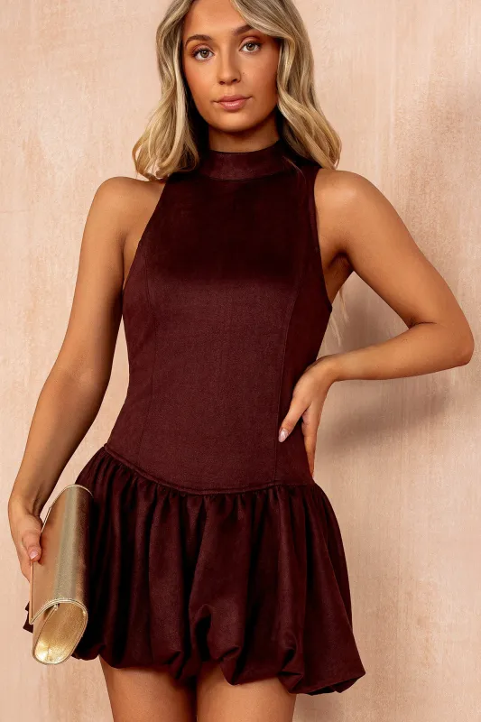 Riona Burgundy Faux Suede Puffball Dress sold by Vavavoom
