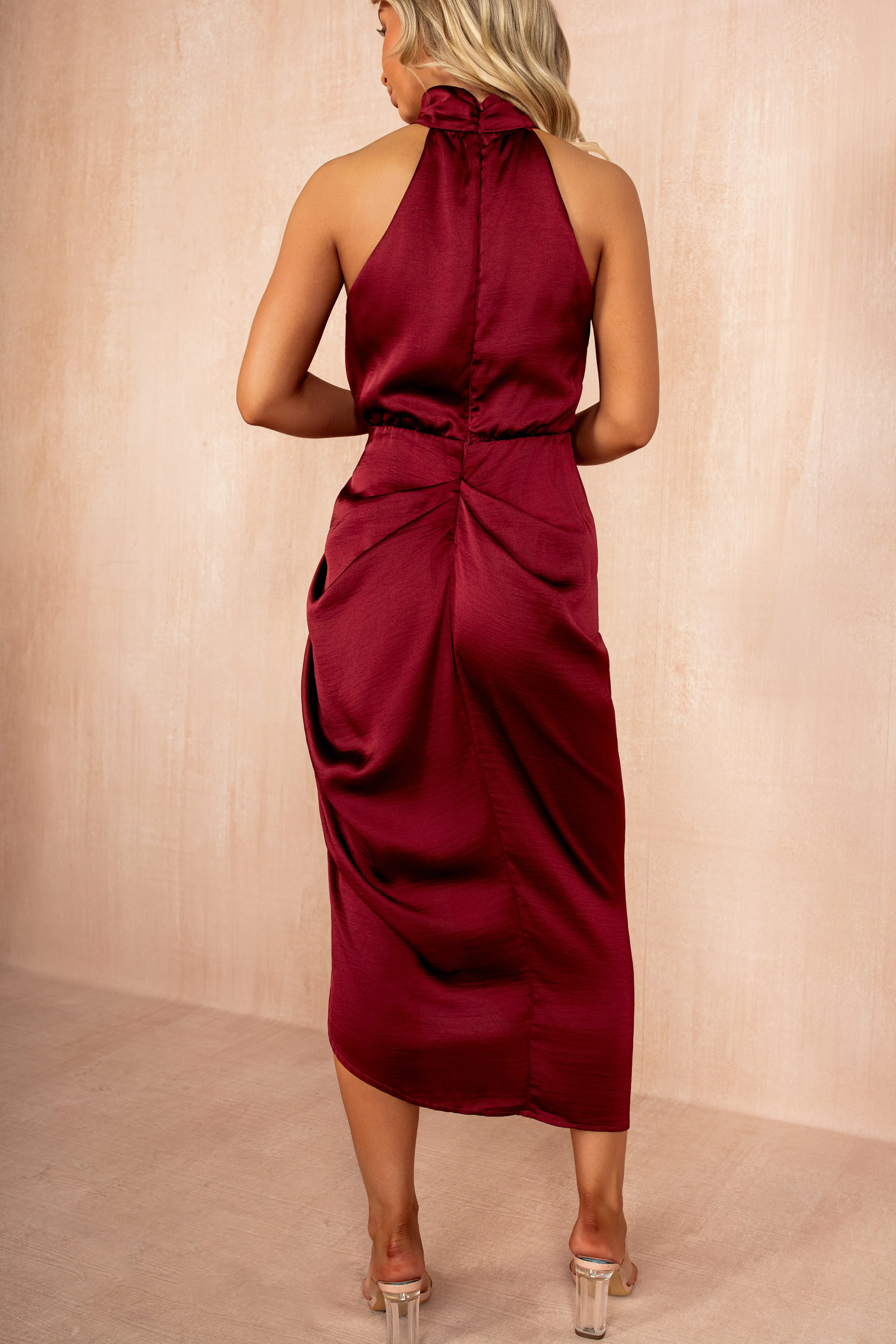 Pattie Wine Gathered Satin Dress sold by Va Va Voom product image thumbnail 3