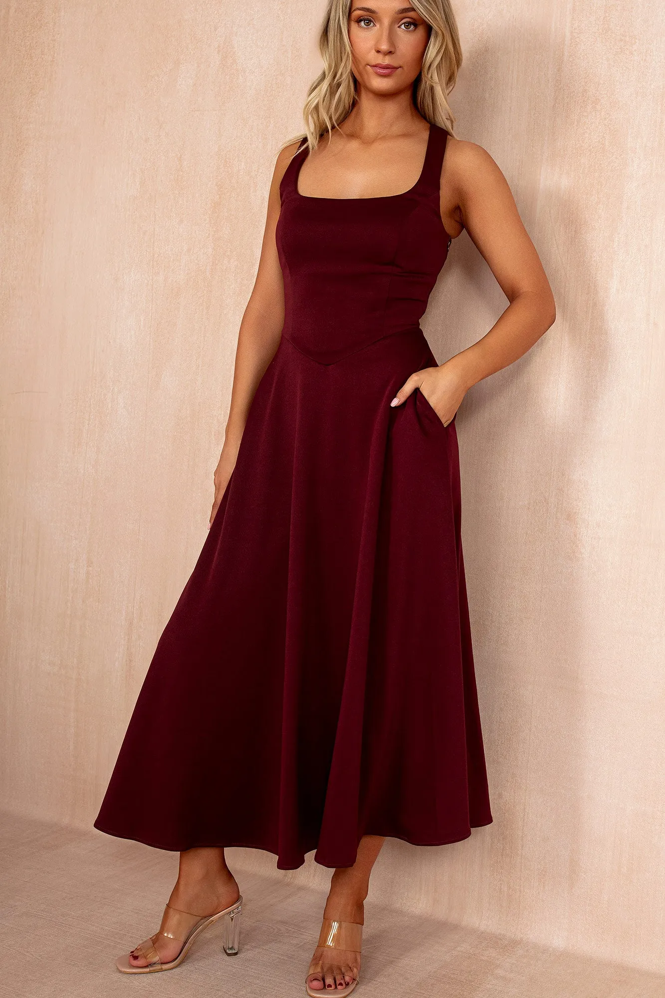 Henley Burgundy Square Neck Scuba Dress sold by Va Va Voom product image thumbnail 3