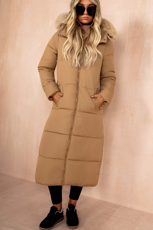 Esther Camel Padded Longline Coat sold by Va Va Voom