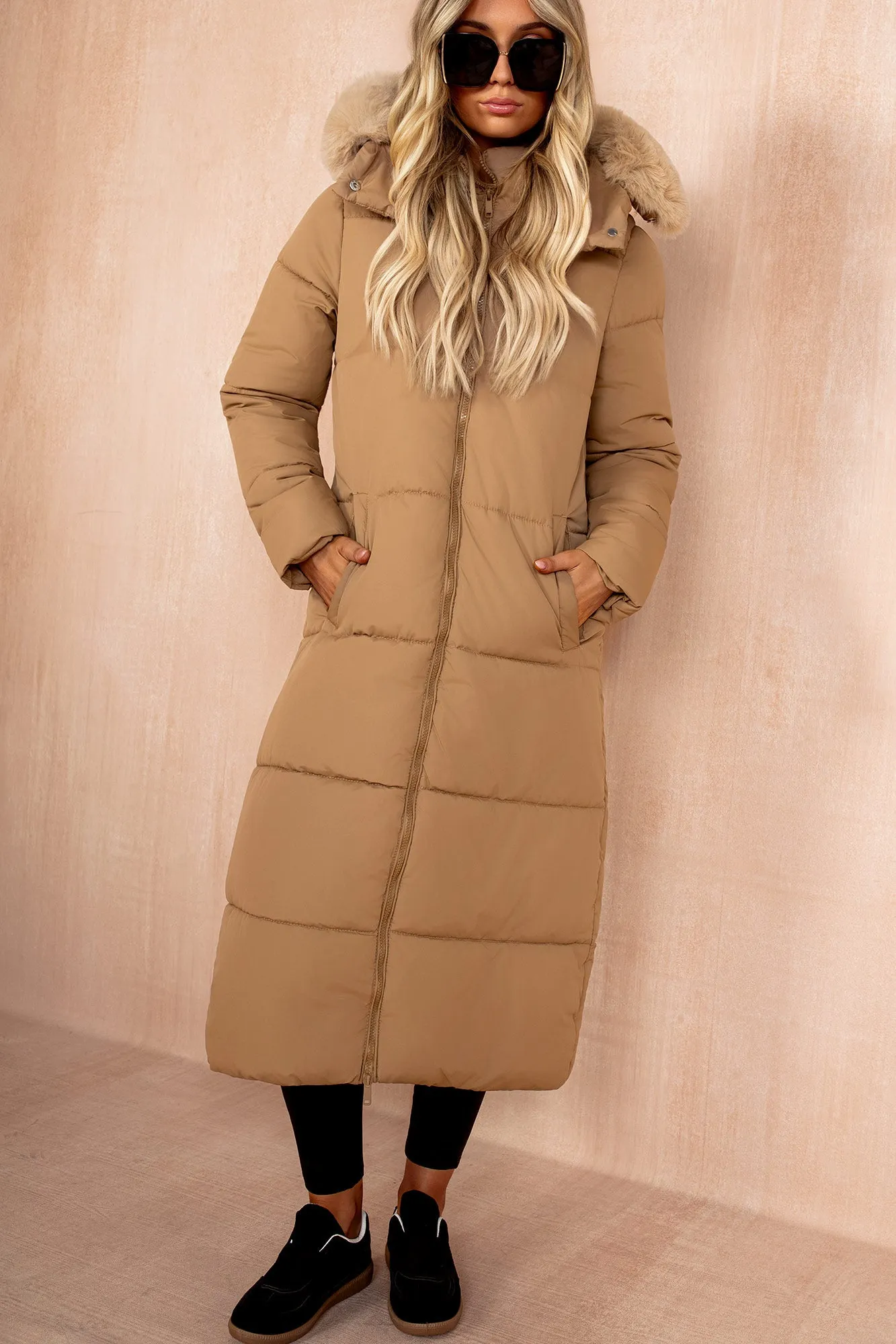 Esther Camel Padded Longline Coat sold by Vavavoom