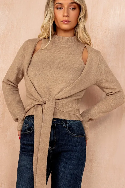 Holly Camel Knit 2 in 1 Tie Front Cardigan sold by Va Va Voom